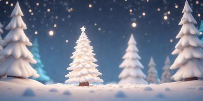 The primary subject of the image is a snow-covered Christmas tree. The tree is surrounded by a snowy landscape, and it appears to be the main focus of the image. The setting is a wintery environment, with snow covering the ground and the sky filled with stars. The visual style of the image is a combination of photo and digital art, creating a realistic yet artistic representation of the snowy Christmas tree. The colors and mood of the image are predominantly white and cold, reflecting the winter season and the